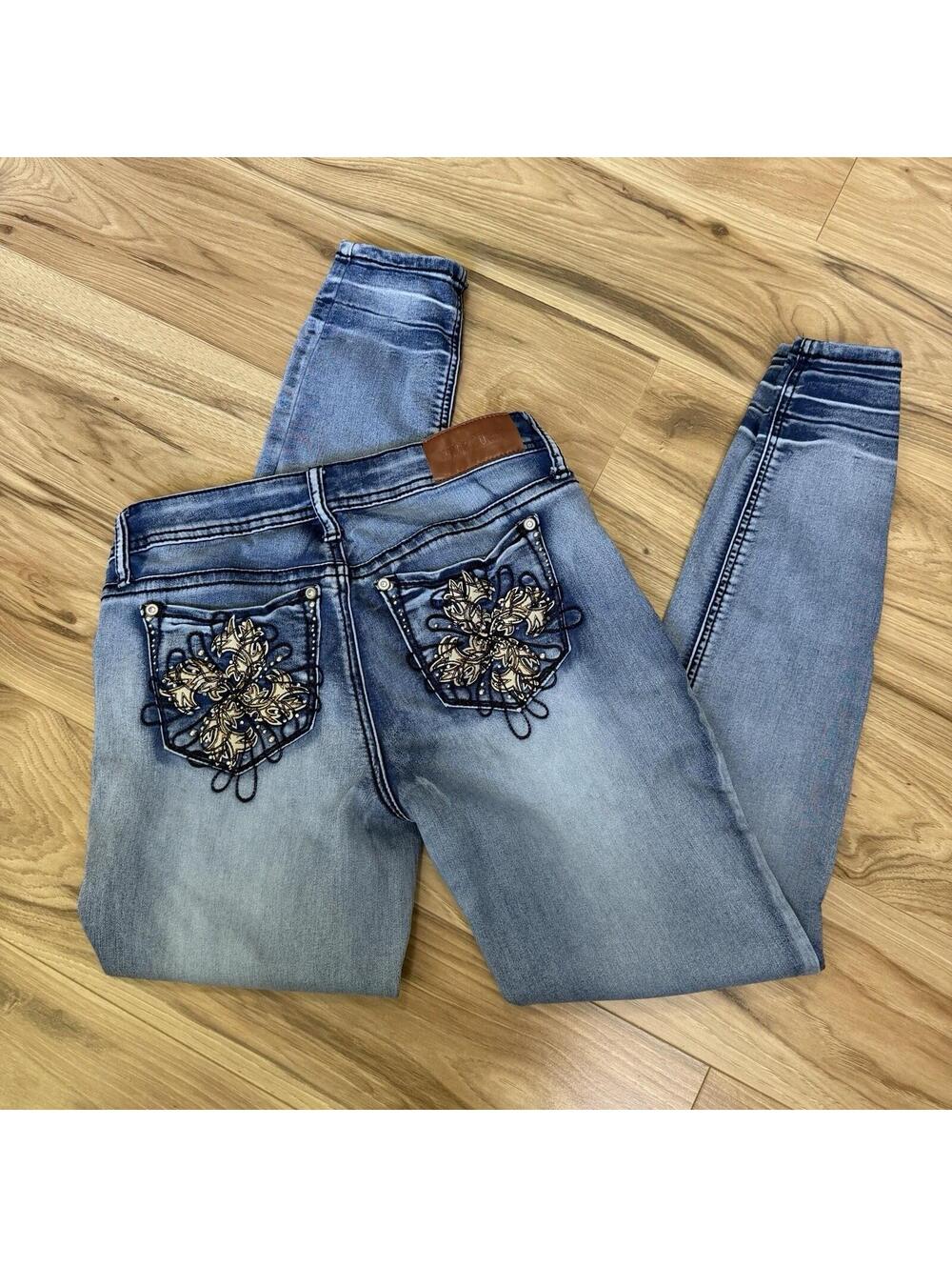 Hydraulic Lola Skinny Jeans 9/10 Light Wash Embellished Pocket Y2K McBling